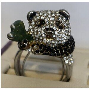 Vintage Panda Rhinestone Ring Size 5 Zoo Black and White Statement Glitz